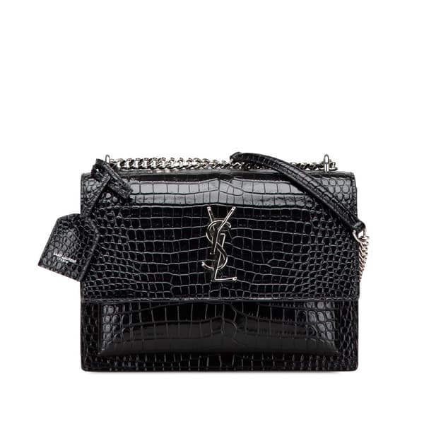 Pre-owned Saint Laurent Medium Croc Embossed Leather Sunset Crossbody Black