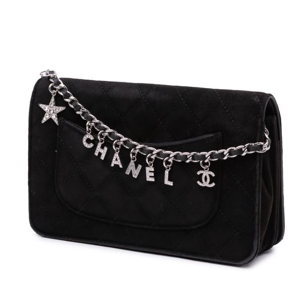 Pre-owned Chanel Quilted Suede Cocostellar Wallet on Chain Black