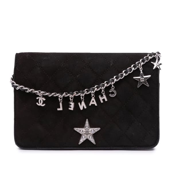 Pre-owned Chanel Quilted Suede Cocostellar Wallet on Chain Black