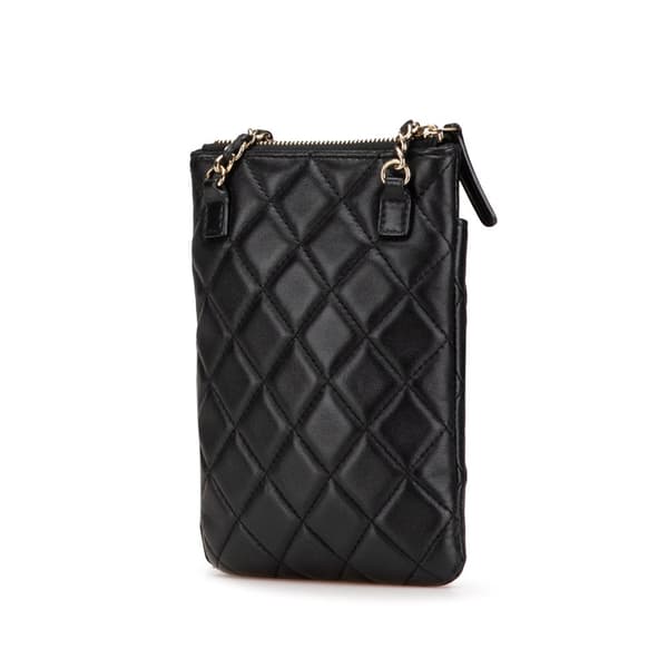 Pre-owned Chanel CC Quilted Lambskin Phone Holder with Chain Black