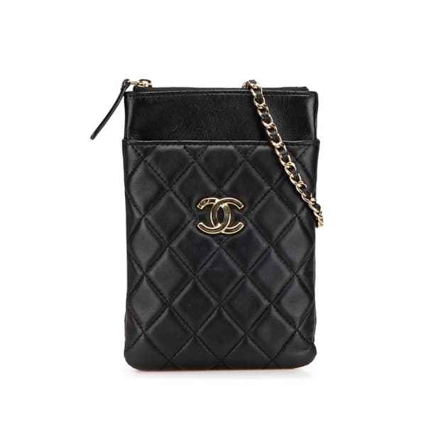 Pre-owned Chanel CC Quilted Lambskin Phone Holder with Chain Black