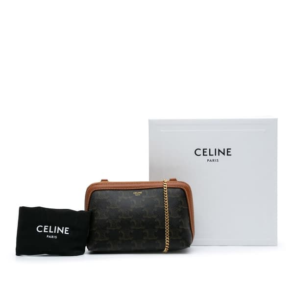 Pre-owned Celine Triomphe Coated Canvas Clutch On Chain Brown