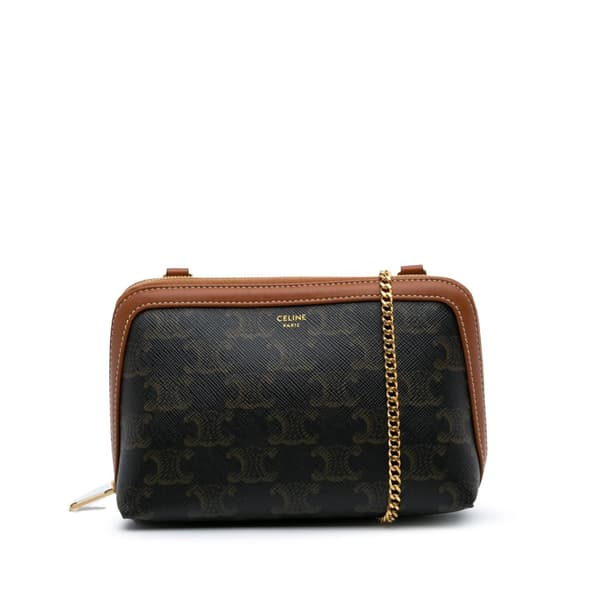 Pre-owned Celine Triomphe Coated Canvas Clutch On Chain Brown