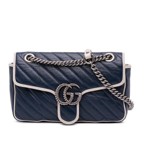 Pre-owned Gucci Small GG Marmont Leather Matelasse Torchon Flap Crossbody Blue