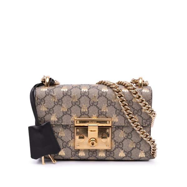 Pre-owned Gucci Small GG Supreme Bee Padlock Crossbody Brown