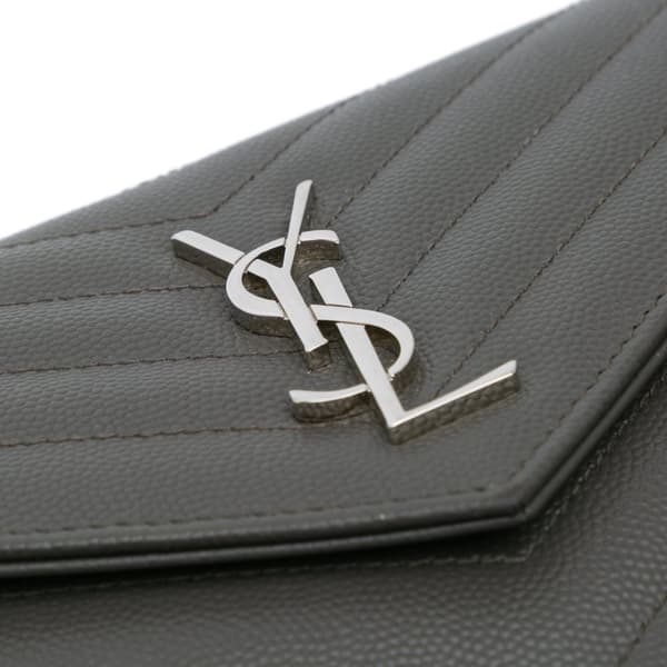 Pre-owned Saint Laurent Grain De Poudre Chevron Monogram Envelope Chain Wallet Gray