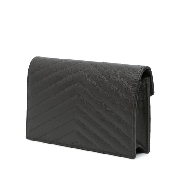 Pre-owned Saint Laurent Grain De Poudre Chevron Monogram Envelope Chain Wallet Gray