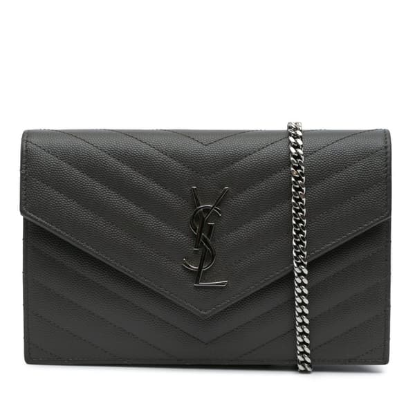 Pre-owned Saint Laurent Grain De Poudre Chevron Monogram Envelope Chain Wallet Gray