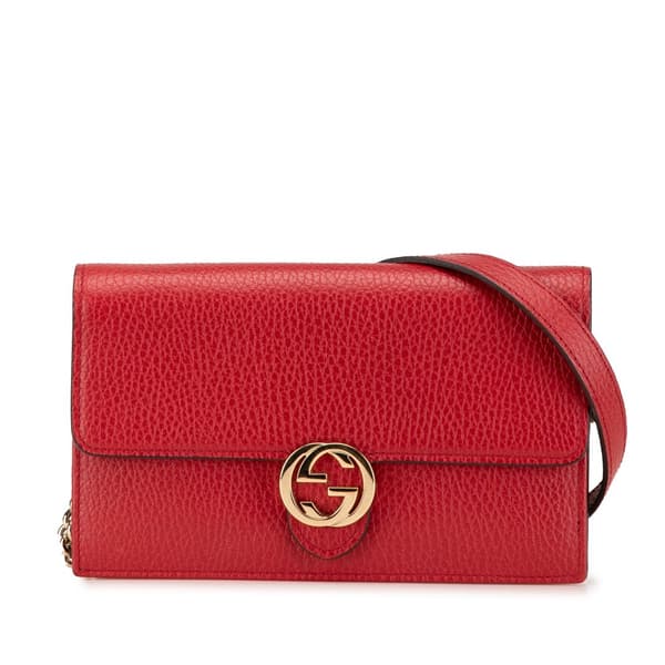 Pre-owned Gucci Leather Interlocking G Dollar Wallet on Chain Red