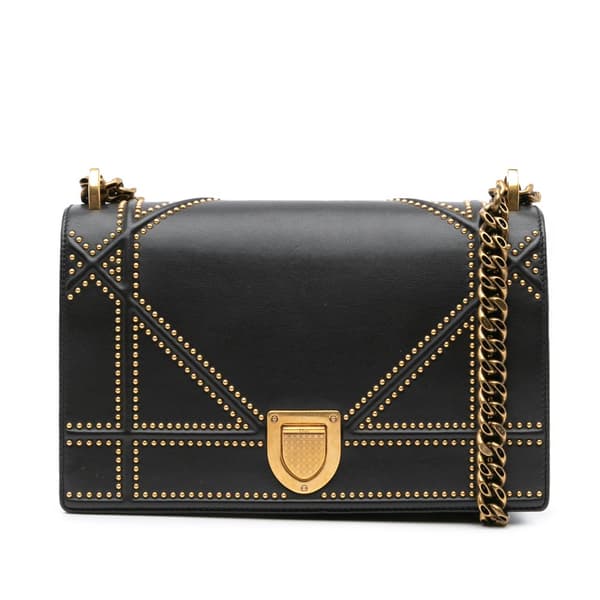 Pre-owned Dior Medium Studded Lambskin Diorama Flap Black