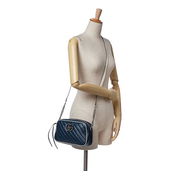 Pre-owned Gucci Small GG Marmont Leather Torchon Crossbody Blue
