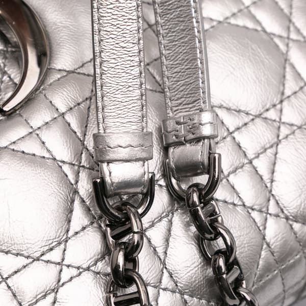 Pre-owned Dior Medium Metallic Calfskin Cannage Supple Caro Bag Silver