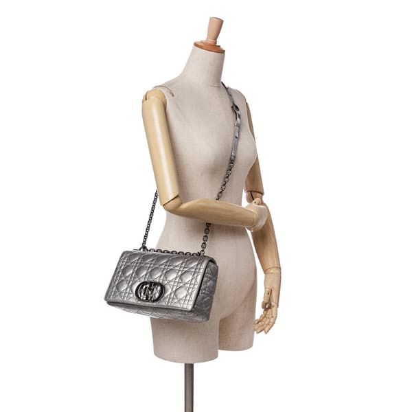 Pre-owned Dior Medium Metallic Calfskin Cannage Supple Caro Bag Silver