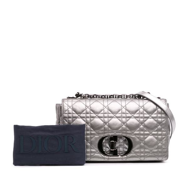 Pre-owned Dior Medium Metallic Calfskin Cannage Supple Caro Bag Silver