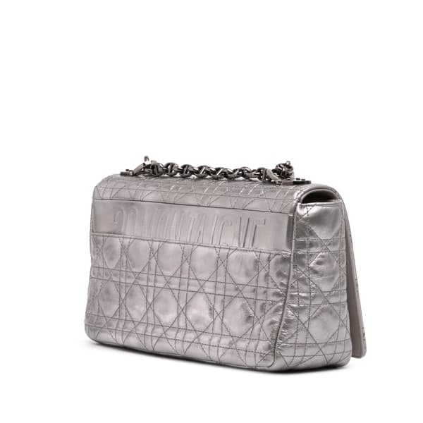 Pre-owned Dior Medium Metallic Calfskin Cannage Supple Caro Bag Silver