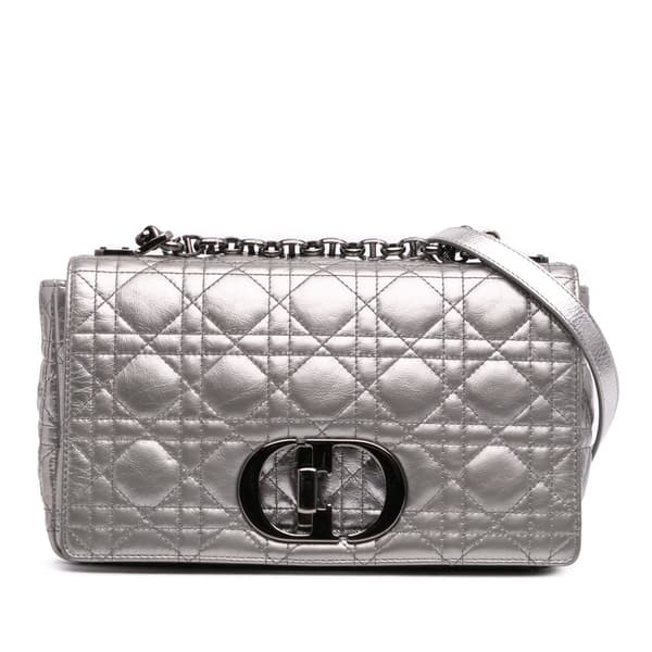 Pre-owned Dior Medium Metallic Calfskin Cannage Supple Caro Bag Silver