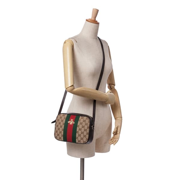 Pre-owned Gucci GG Canvas Webby Bee Camera Bag Brown