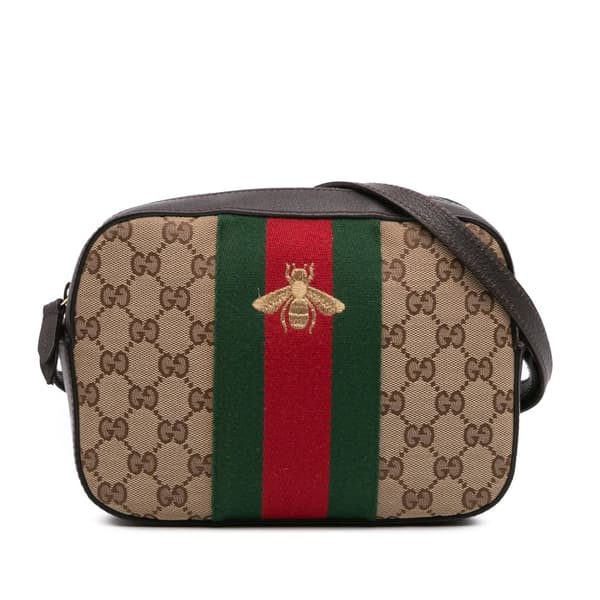Pre-owned Gucci GG Canvas Webby Bee Camera Bag Brown