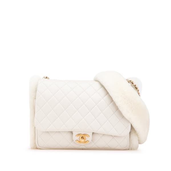 Pre-owned Chanel Quilted Lambskin and Shearling CC Muff Flap White