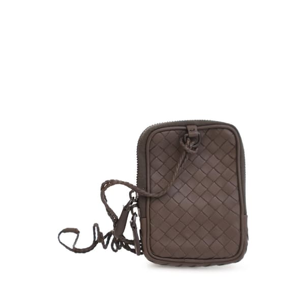 Pre-owned Bottega Veneta Nano Lambskin Intrecciato Zip Tech Case Lanyard Brown