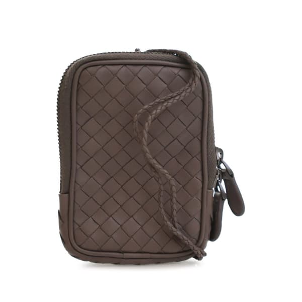 Pre-owned Bottega Veneta Nano Lambskin Intrecciato Zip Tech Case Lanyard Brown