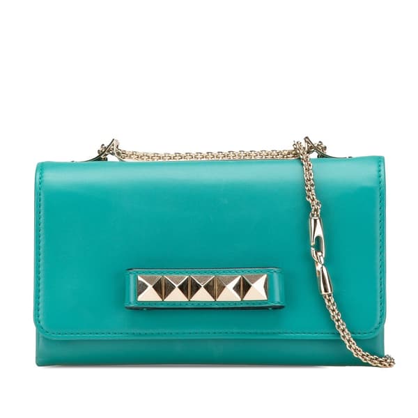Pre-owned Valentino Leather Rockstud Va Va Voom Clutch on Chain Blue