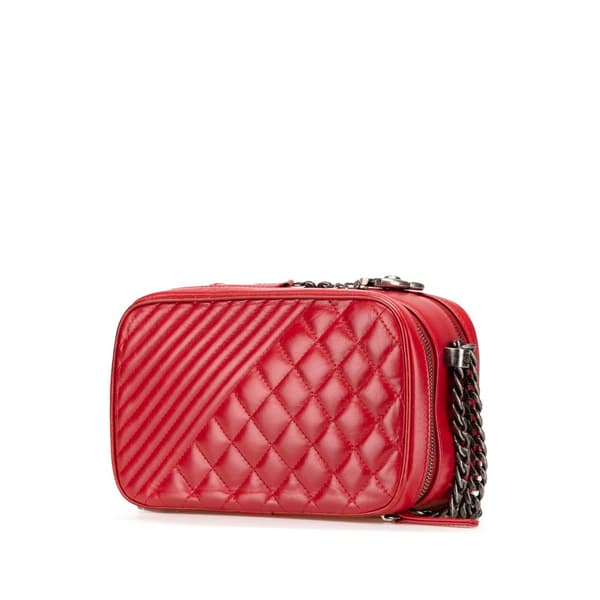 Pre-owned Chanel Small Quilted Glazed Calfskin Coco Boy Camera Bag Red