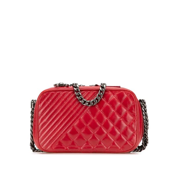 Pre-owned Chanel Small Quilted Glazed Calfskin Coco Boy Camera Bag Red