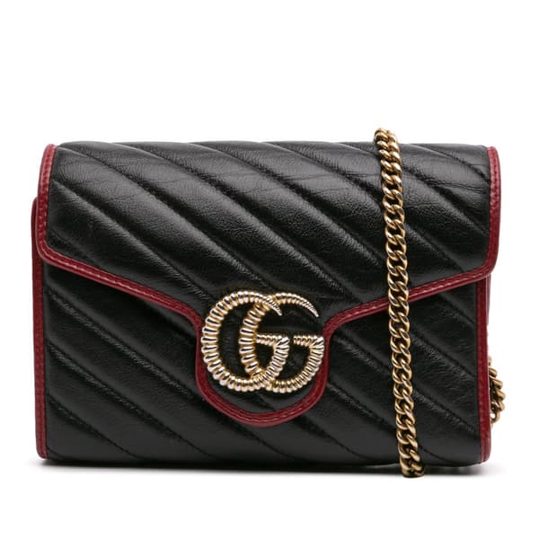 Pre-owned Gucci GG Marmont Matelasse Leather Torchon Wallet On Chain Black