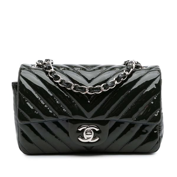 Pre-owned Chanel Mini Rectangular Classic Chevron Patent Single Flap Blue