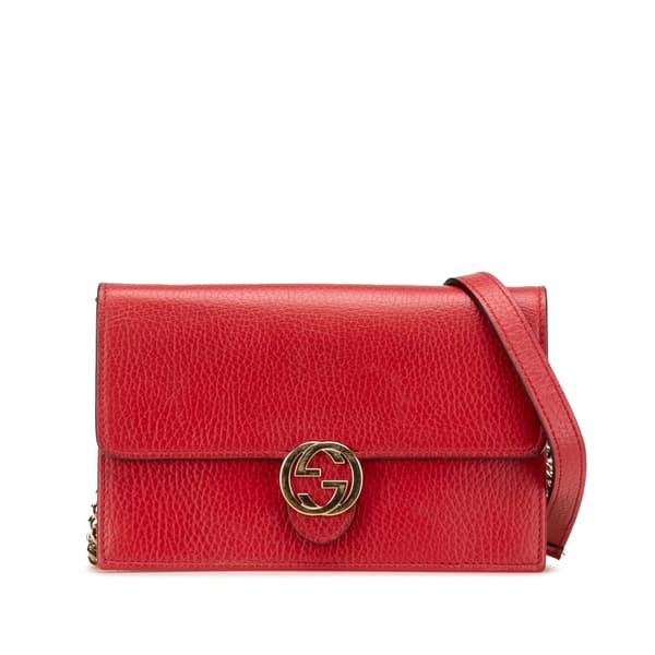Pre-owned Gucci Leather Interlocking G Dollar Wallet on Chain Red