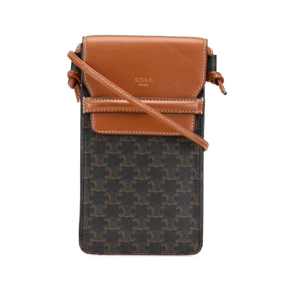 Pre-owned Celine Triomphe Coated Canvas Phone Pouch Flap Crossbody Brown