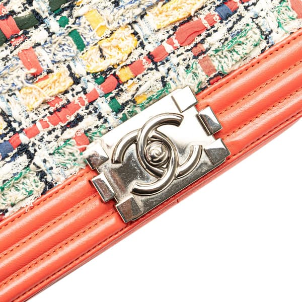 Pre-owned Chanel Medium Tweed and Lambskin Boy Flap Orange