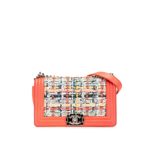 Pre-owned Chanel Medium Tweed and Lambskin Boy Flap Orange