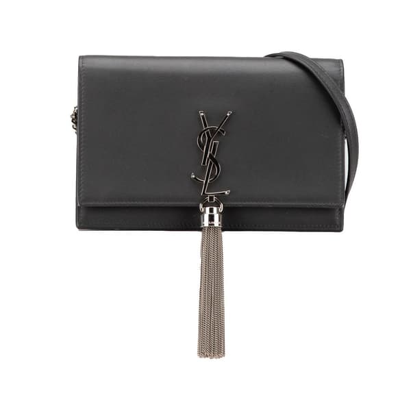 Pre-owned Saint Laurent Smooth Calfskin Monogram Kate Tassel Chain Wallet Gray