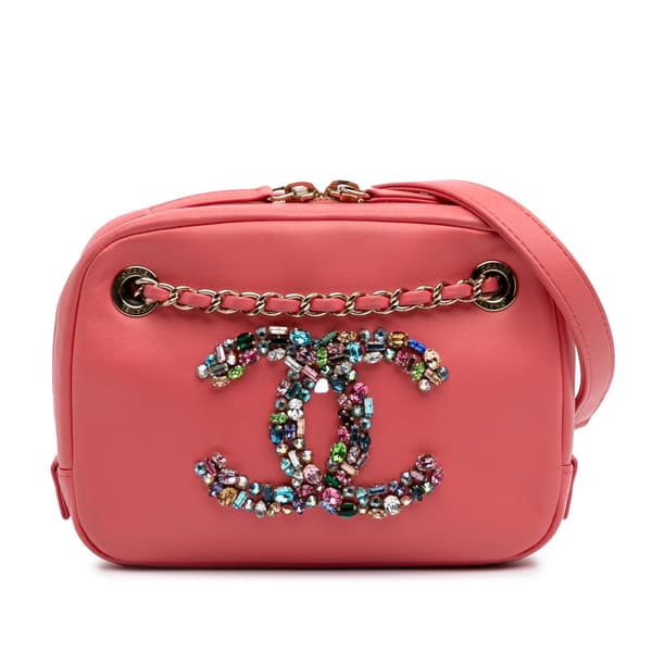 Pre-owned Chanel Lambskin Giant Crystal CC Camera Bag Pink
