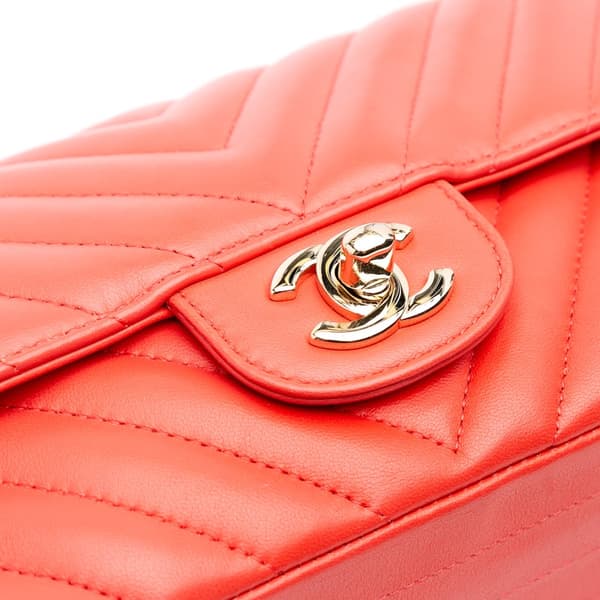 Pre-owned Chanel Mini Rectangular Classic Chevron Lambskin Single Flap Red