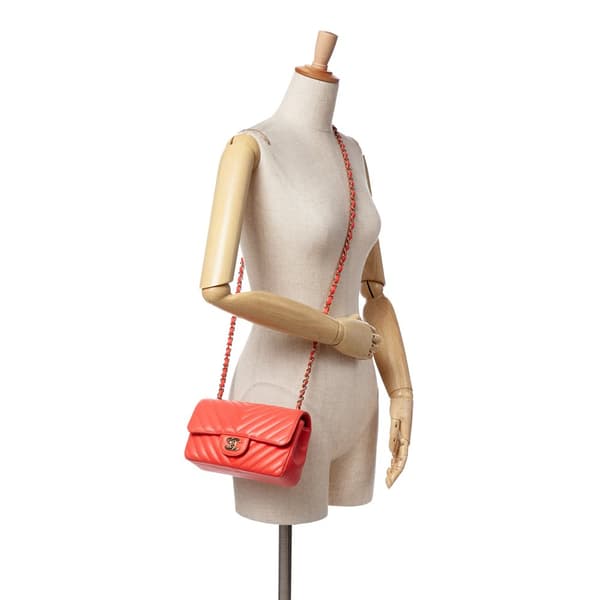 Pre-owned Chanel Mini Rectangular Classic Chevron Lambskin Single Flap Red