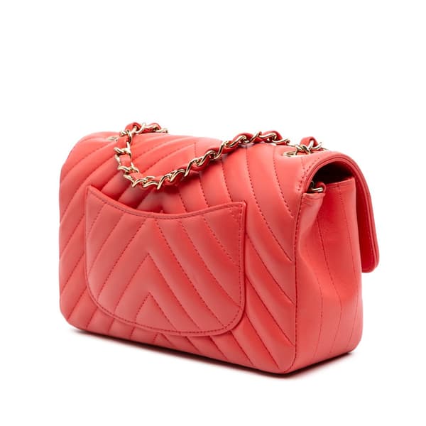Pre-owned Chanel Mini Rectangular Classic Chevron Lambskin Single Flap Red
