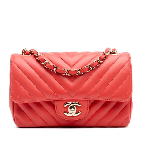 Pre-owned Chanel Mini Rectangular Classic Chevron Lambskin Single Flap Red