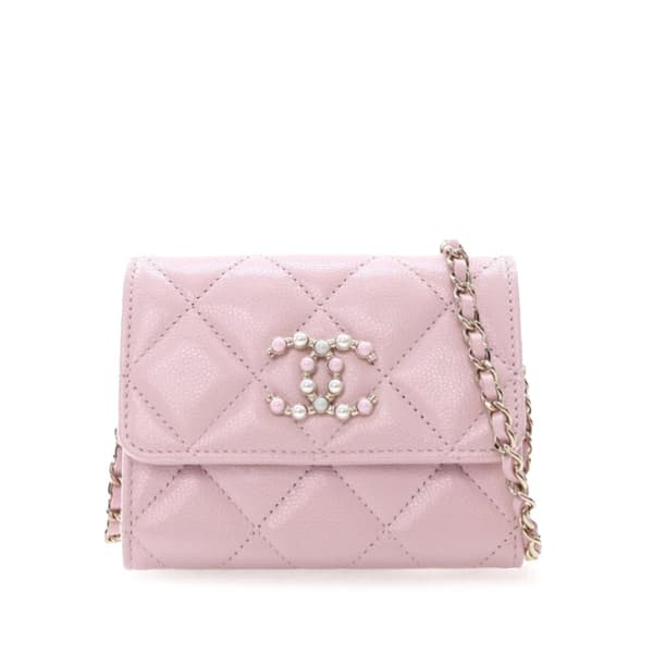 Pre-owned Chanel Quilted Caviar Coco Candy Card Holder on Chain Pink