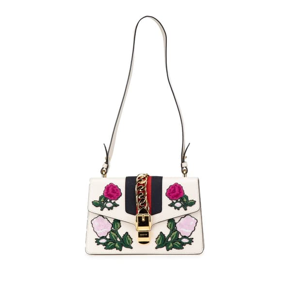 Pre-owned Gucci Small Floral Embroidered Leather Sylvie Crossbody White