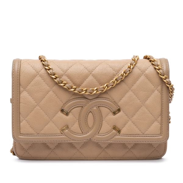 Pre-owned Chanel Caviar CC Filigree Wallet On Chain Brown