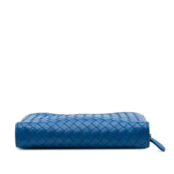 Pre-owned Bottega Veneta Nappa Intrecciato Zip Around Wallet On Chain Blue