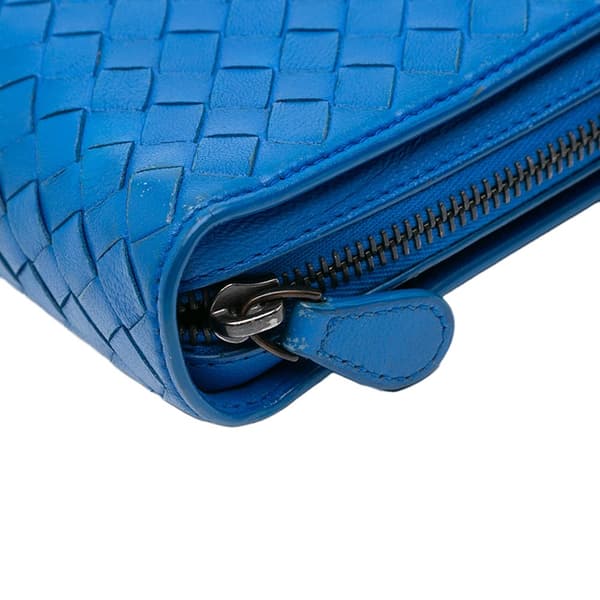 Pre-owned Bottega Veneta Nappa Intrecciato Zip Around Wallet On Chain Blue