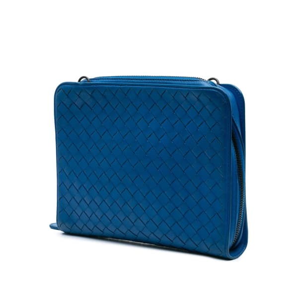 Pre-owned Bottega Veneta Nappa Intrecciato Zip Around Wallet On Chain Blue