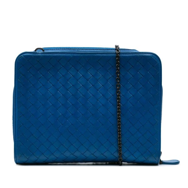 Pre-owned Bottega Veneta Nappa Intrecciato Zip Around Wallet On Chain Blue