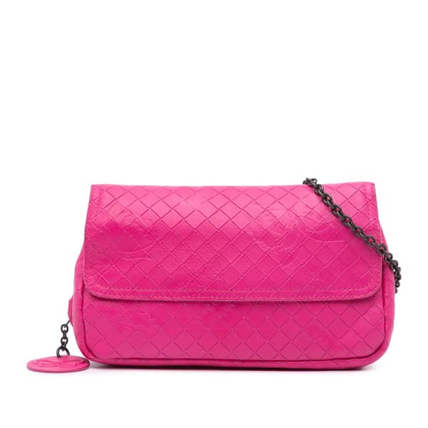 Pre-owned Bottega Veneta Leather Intrecciomirage Butterfly Chain Flap Pink