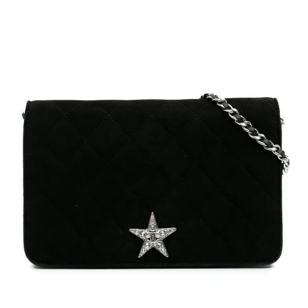 Pre-owned Chanel Quilted Suede Cocostellar Wallet on Chain Black