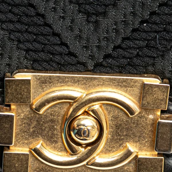 Pre-owned Chanel Old Medium Braided Chevron Cotton and Lambskin Boy Flap Black